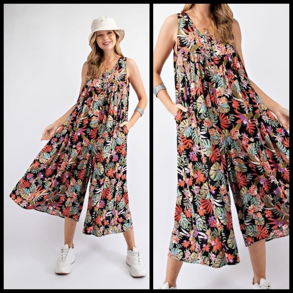 EASEL "Tropical Vibes" Lightweight & Oversized V-Neck Sleeveless Romper Jumpsuit - Picture 9 of 16